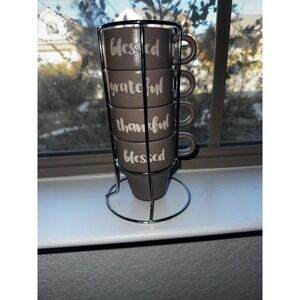 United Paper & Craft Stacking Mug Set 4pc Taupe Blessed Grateful Thankful Rack
